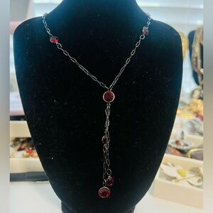 Deadstock Rodium Plated Necklace With Red Glass Rhinestones